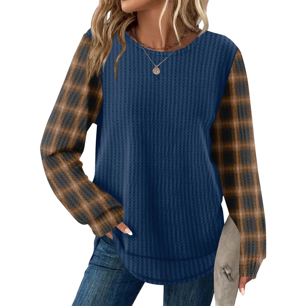 Women's Plaid Print Round Neck Long Sleeve Casual Loose Top