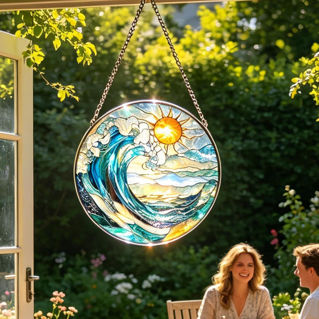 Stained Glass Sun Catcher 8.66 Inch Colorful Round Acrylic Window Hanging with Metal Chain for Study Bedroom Living Room Decor