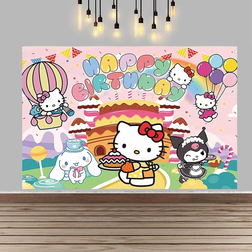 Cartoon Hello Kitty Pink Backdrop Happy Birthday Sweet Theme Kids Girls Baby Shower Party Photo Background Banner Decor Props
