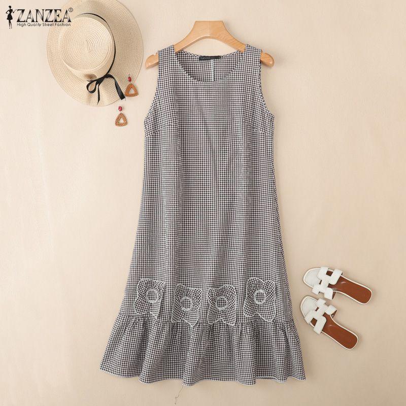 ZANZEA Women Casual Round Neck Summer Sleeveless Grid Print Dress