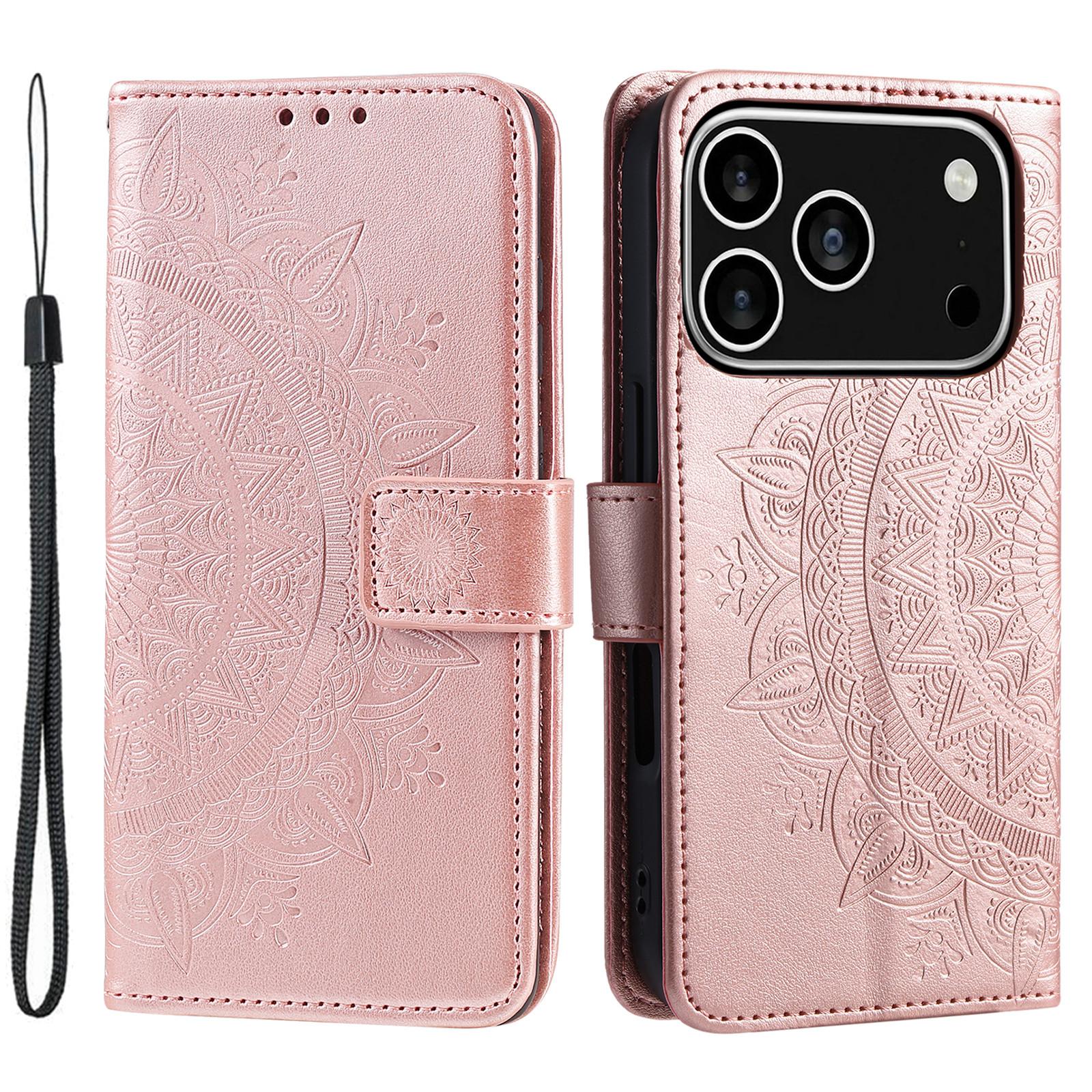 

For iPhone 17 Pro Stand Case Imprinted Totem PU Leather Wallet Phone Cover with Wrist Strap Rose Gold