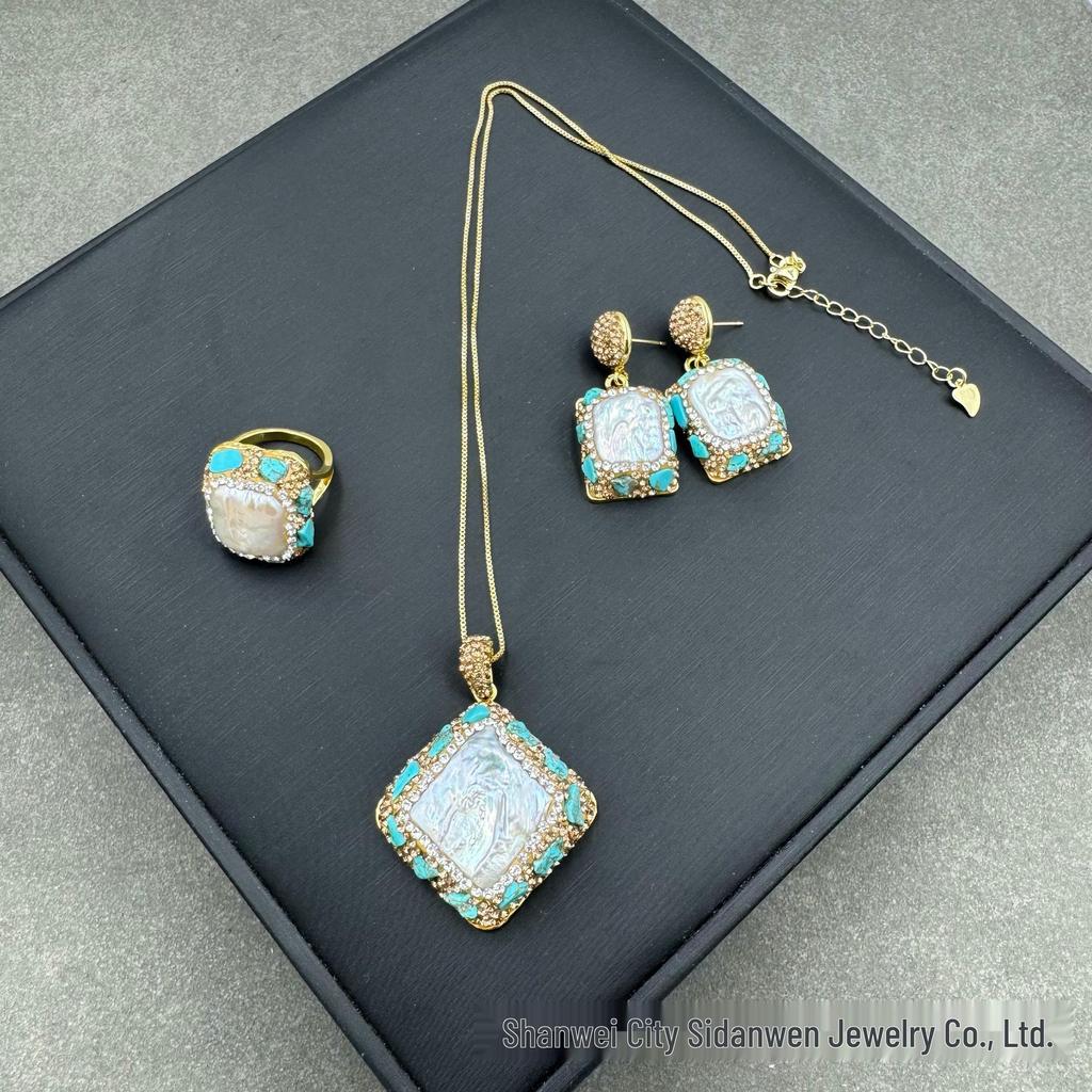 European & American Light Luxury Baroque Pearl Set with Czech Diamonds & Medieval Raw Stone - Three-Piece Set.