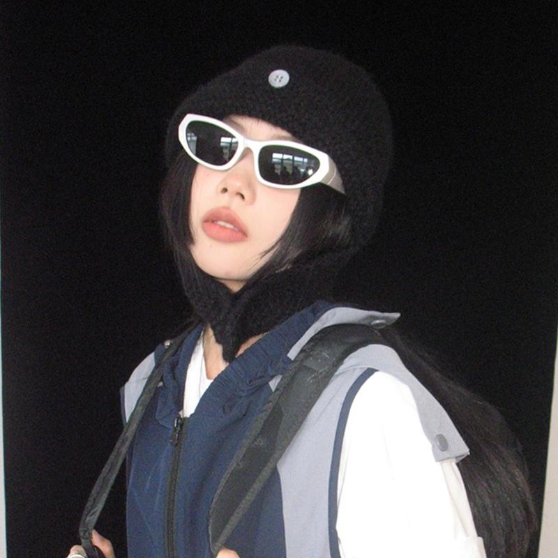 Winter Warm Knit Hat for Women Girl Button EarFlap Beanie Hat Outdoor Activity Scarf Cap Windproof Headwear Pullover Hat