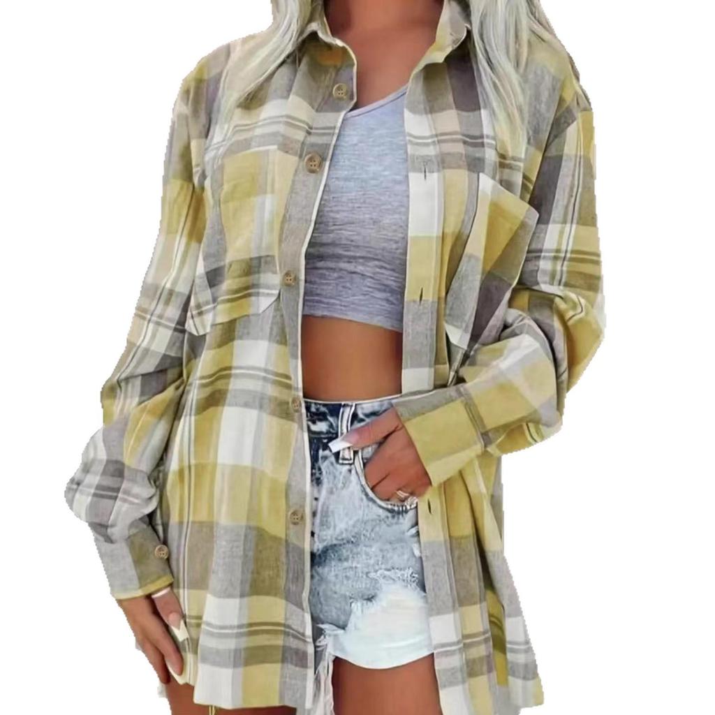 2025 Women's Cross-Border Plaid Shirt Jacket – Casual, Versatile Mid-Length Design
