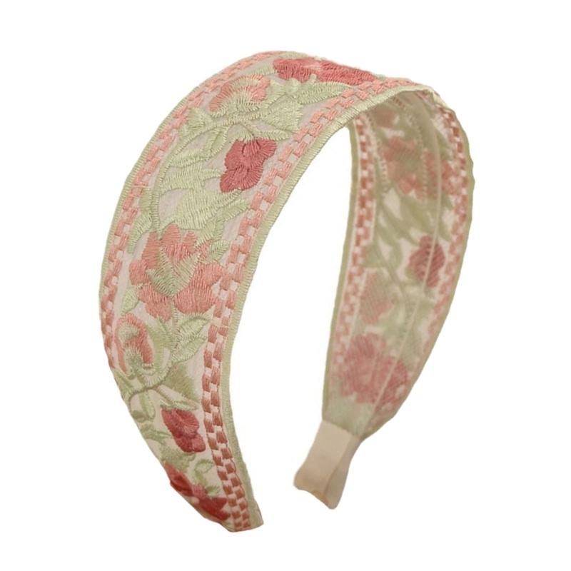 Hand-Made Cotton Linen Hairband Intricate Embroidery Blossom Design Adjustable Wide Band Unisex Hair Accessory
