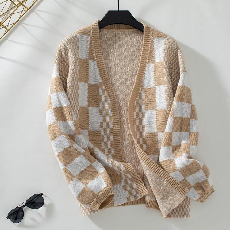 

Loose Knitwear Cardigan Long Sleeve Vintage Print Top Sweater for Autumn Winter V Neck XL