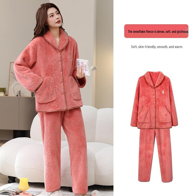 Women's Coral Fleece Pajamas, Plus Velvet, Thick, Large Size, Warm Winter Flannel Home Set for Middle-Aged and Elderly