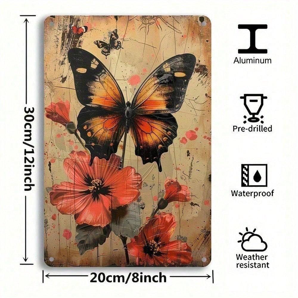 Vintage Butterfly Metal Tin Sign, Retro Wall Art Aluminum Plaque for Home Garden Bedroom Living Room Decor, Pre-Drilled Holes