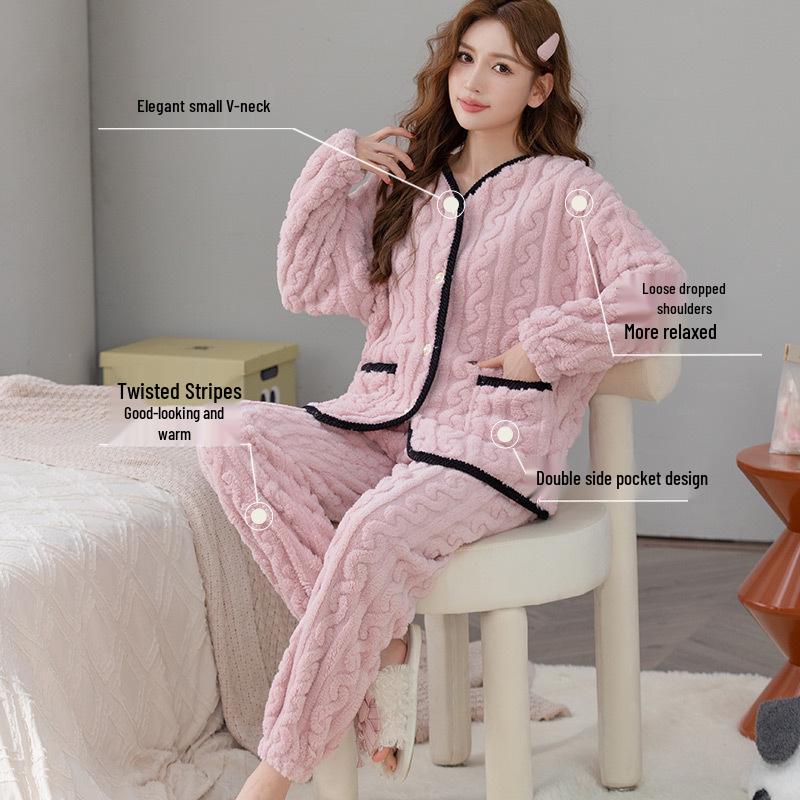 2024 Spring & Autumn Coral Fleece Pajama Set: 3D Jacquard Flannel Long Sleeve Cardigan Homewear