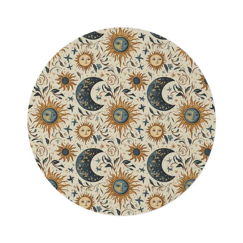 

Bohemian Celestial Sun and Moon Round Rug, Medieval Aesthetic Area Rug, Boho Witchy Decor Accent, Home Decor, Mystical Round Rug 80cm