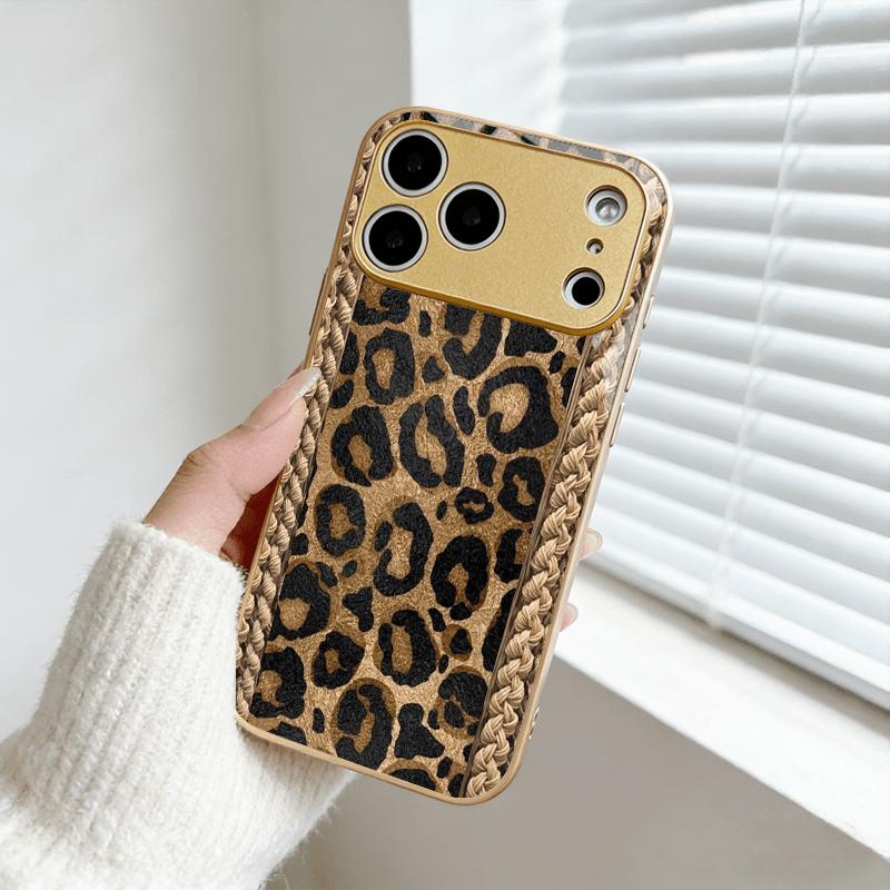 Fashion Vintage Leopard Print Woven Border Printed Pattern Metallic Paint Glass Phone Case for iPhone 17 16 15 14 13 etc