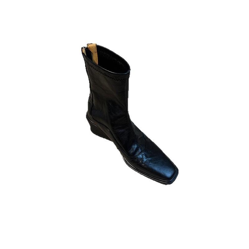 Washed Cowhide Wedge Heel Thick Bottom Heightening Leather Elastic Thin Boots Women's Head Leather Boots Retro Versatile Short Boots