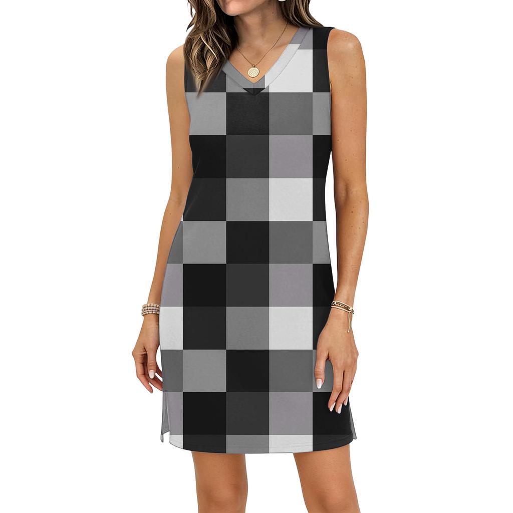 Women's Casual V-neck Sleeveless Split Hem Plaid Print Dress