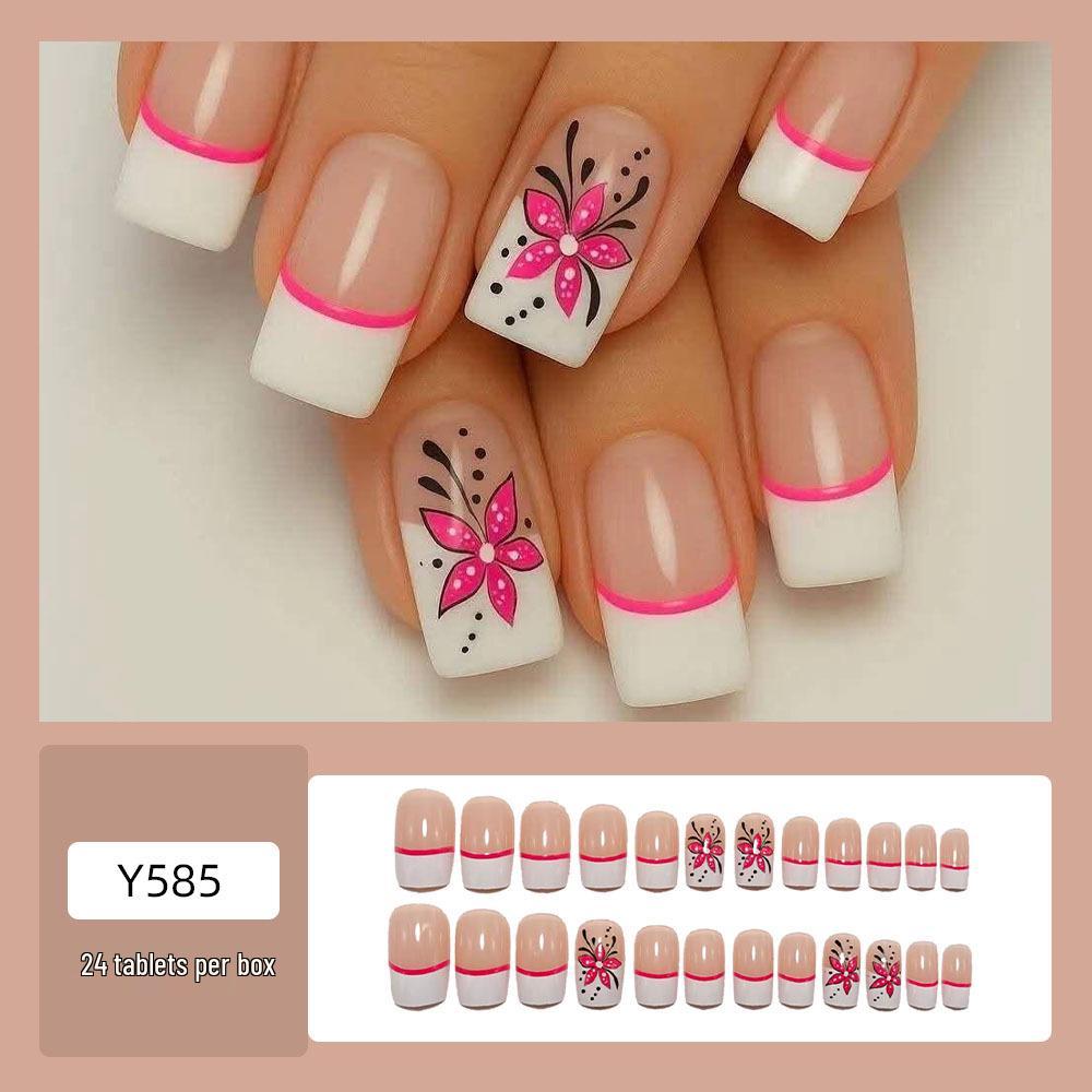 French Flower Wearable Nail Tips - White, Removable, Finished Fake Nails Art Stickers