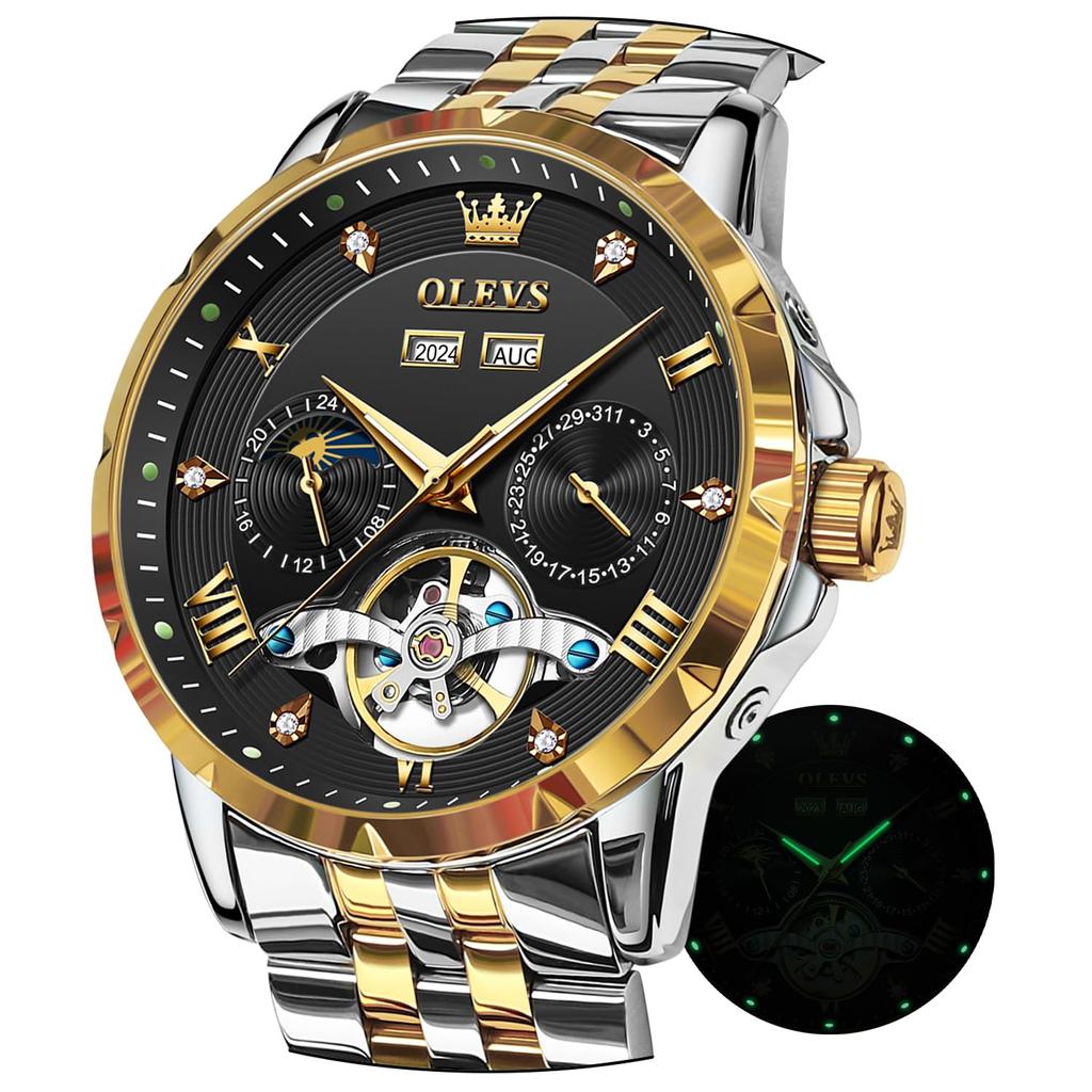 OLEVS Mechanical Automatic Winding Moon Phase Stylish Skeleton Waterproof Popular Watch Luminous Watch for Men Black Gold Men's &