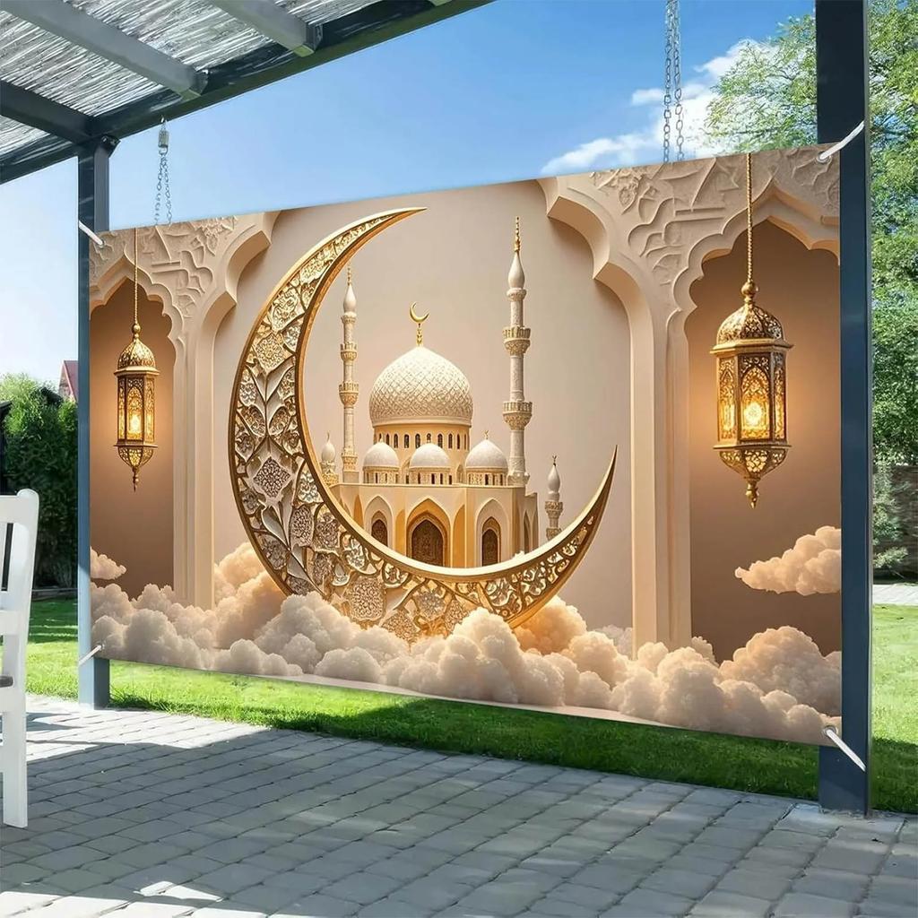 Ramadan Decorations Islamic Crescent Moon Mosque Eid Mubarak Banner Muslim Home Decor Ramadan Kareem Sign Iftar Party Supplies Background Wall