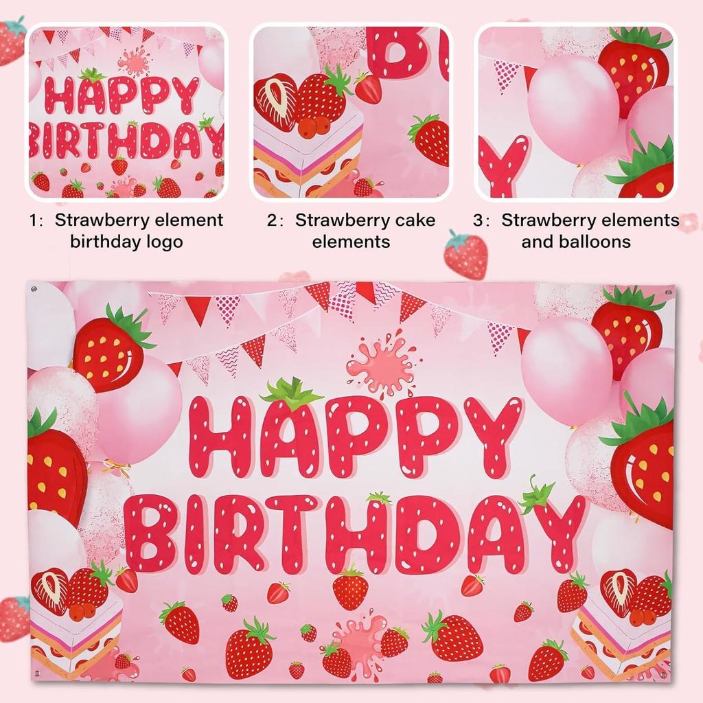 Strawberry Shortcake Happy Birthday Decorations Banner, Strawberry Themed Birthday Party Decoration Backdrop, Berry First Birthday Background Party