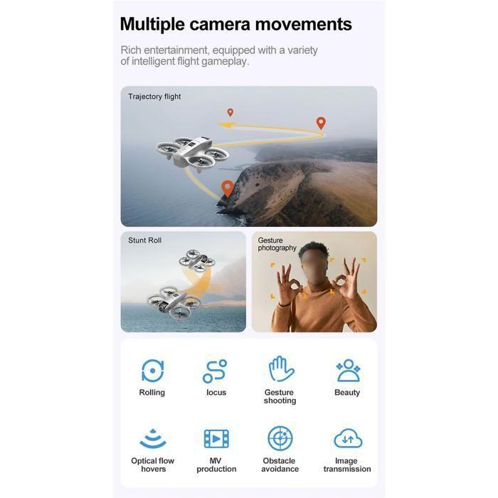 Mini drone - BYTELIKE - Double caméra 4K - Évitement d'obstacles - Autonomie 6 min - Léger gris
