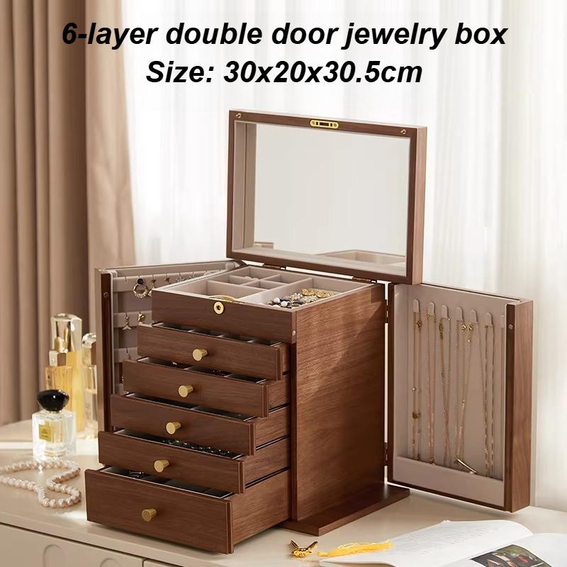 Wood Jewelry Box Large Capacity Earring Necklace Storage Boxes Multiple Drawers Ring Organizer Boxes Retro Jewelry Box with Lock