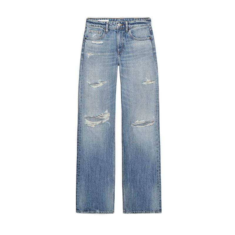 

Spring and Summer New Women s Clothing French Cotton Water Washed Hole Decorative Mid Waist Long Denim 4365026 Blue L