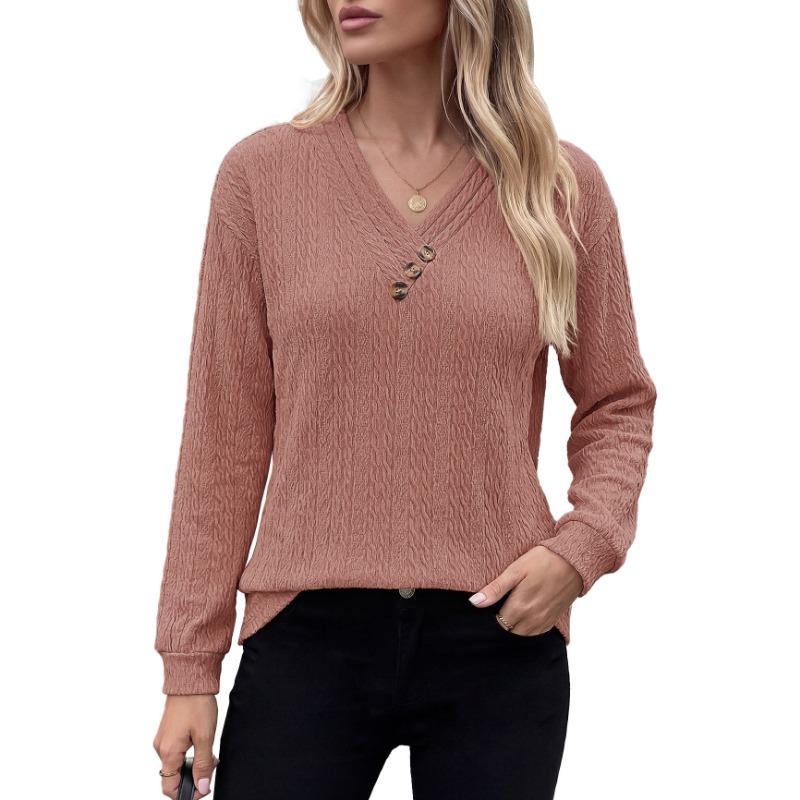 Women Solid Color V Neck Button Decoration Loose Long Sleeve Casual T Shirt Top