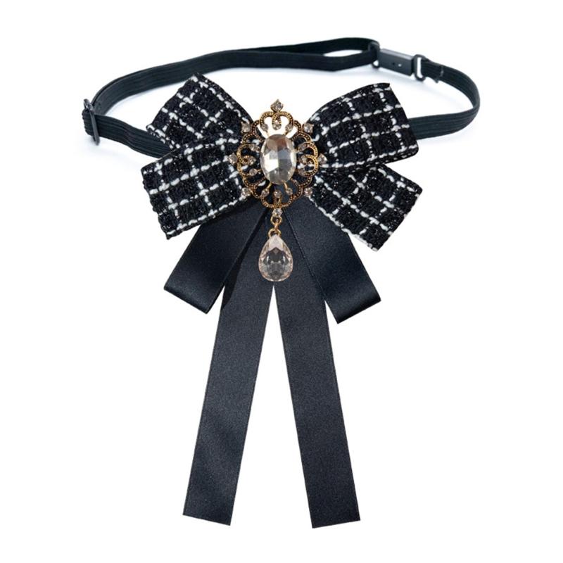 Vintage Plaids Ribbon Bowknot Brooch Pin Rhinestones Bowtie for Women Shirt Jabot Collar Pretied Necktie Clip Neckpiece
