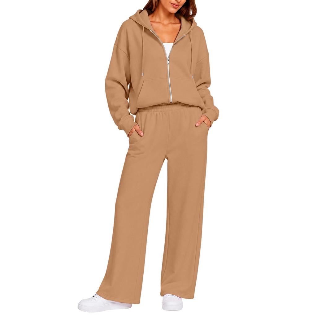 Completo Casual da Donna a Due Pezzi con Cardigan con Zip e Cappuccio e Pantaloni a Gamba Larga