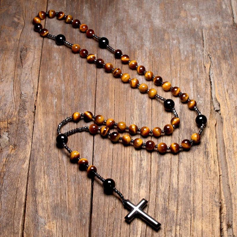 Collane con rosario di Cristo cattolico in pietra naturale occhio di tigre per donna uomo pendente con croce in ematite gioielli Mala