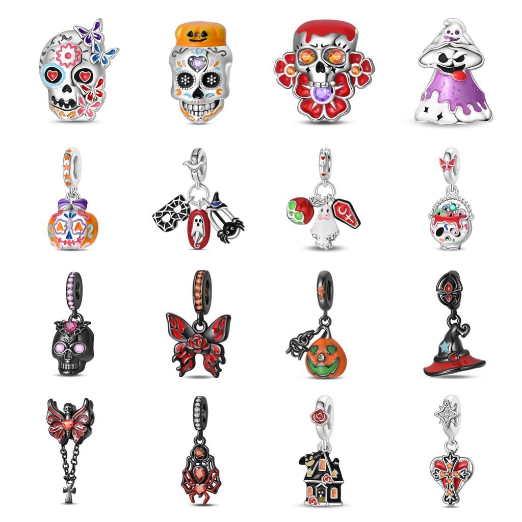 S925 Silver Halloween DIY Jewelry Kit Pumpkin Skull Bat Charm Pendant Beads Bracelet Making Craft Accessories