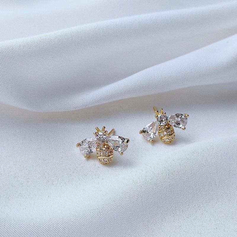 Luxury Golden Zircon Bee Stud Earrings for Women Cute Small Crystal Rhinestone Animal Insect Honeybee Earring Fashion Jewellry