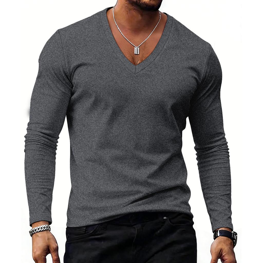 Casual sportief ondershirt voor heren, V-hals top met lange mouwen