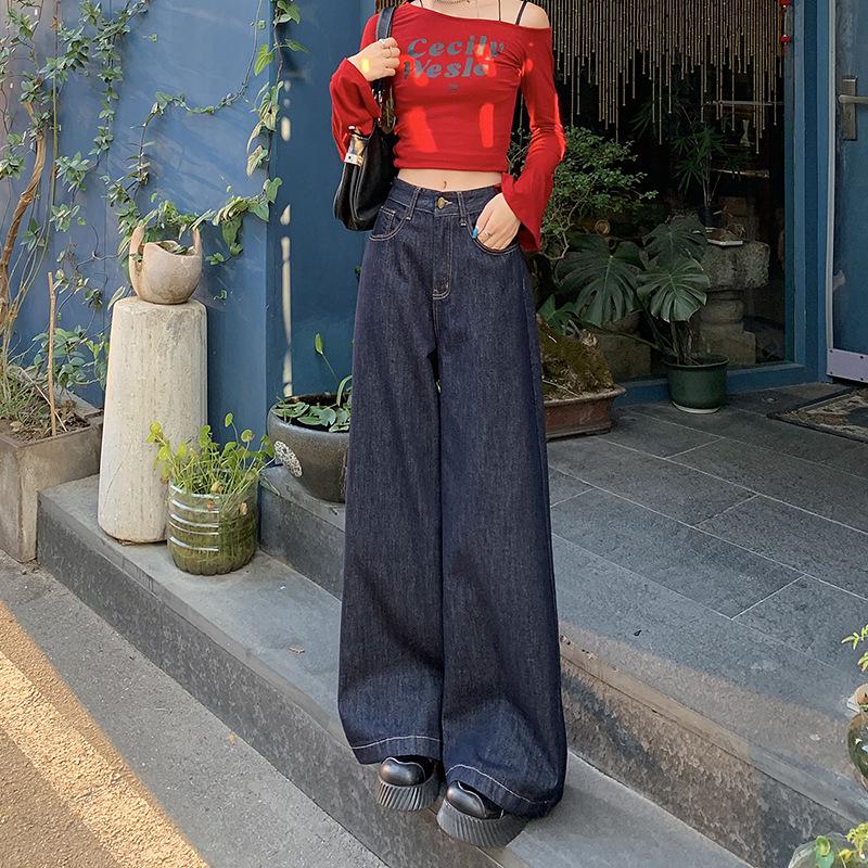 

2026 Spicy Girl Deep Blue High-Waist Wide-Leg Jeans for Women - Spring/Autumn Straight, Loose, Floor-Length, Slimming Design Small