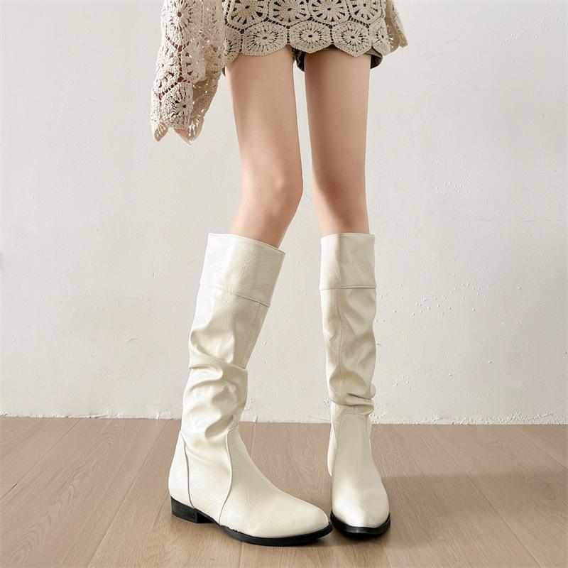 Fashion Vintage Slip On Pointed Toe Women Knee High Boots Cosy Soft Leather Long Booties Street Style Low Heel Shoes Zapatos De Mujer