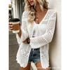 Women V Neck Long Sleeve Hollow Out Knit Cardigan Sun Protection Beach Cover Up Outerwear