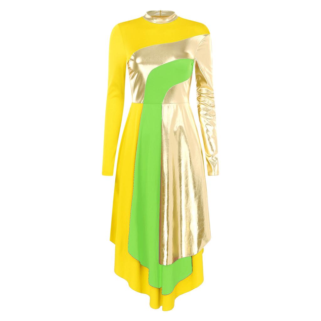 Vestido de Dança Litúrgica Feminino Gola Alta Manga Longa Patchwork Cor Contrastante Bainha Curva Vestido de Adoração