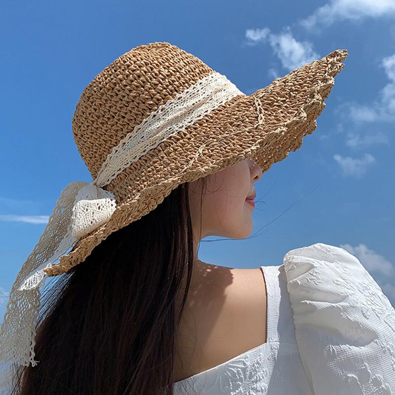 Straw Hat Lace Embellishment Bucket Hat Lace Hat Bucket Shape For Outdoor Activities Women's Accessory Sun