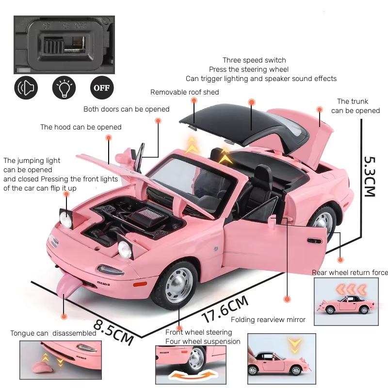 New 1:24 Mazda Miata MX5 MX-5 Alloy Scale Car Model Diecast Metal Miniature Car Sound Light Collection Children Toy Vehicle Gift