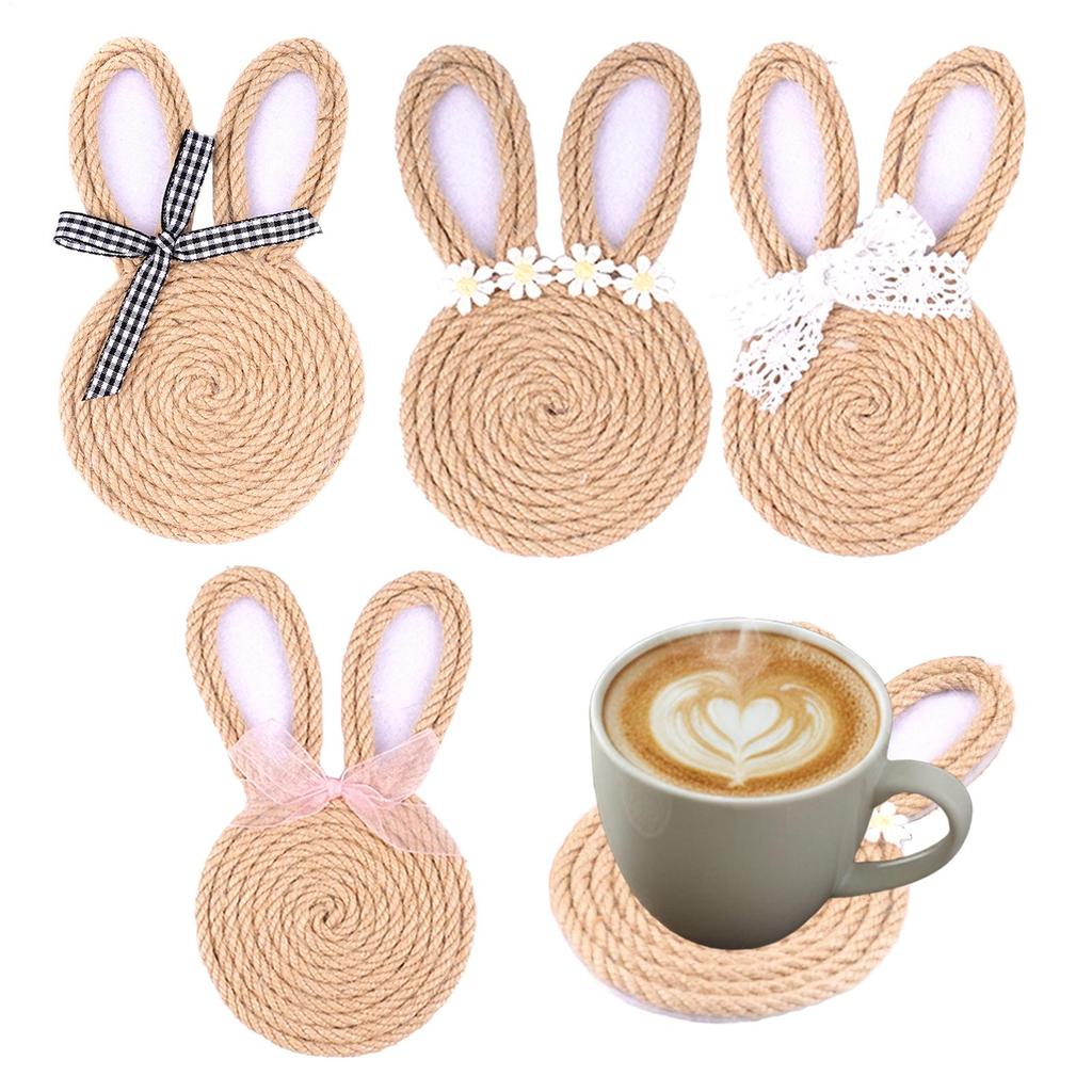 Coasters Set Easter Bunny Rope Coasters 4pcs Cute Rabbit Heat Straw-woven Coaster For Easter Party Coffee Table Decoration