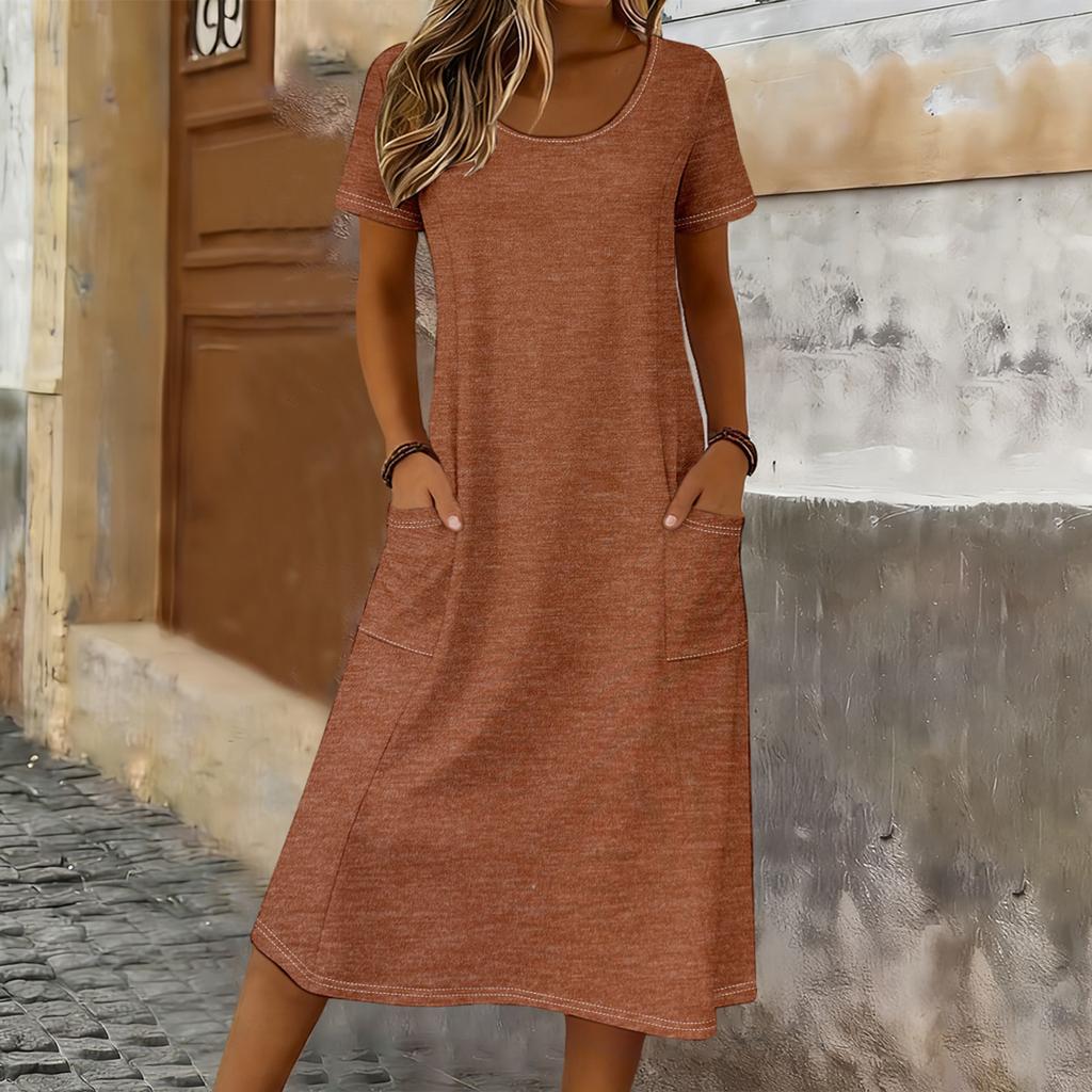 Women Casual Loose Fit Crew Neck Short Sleeve Midi Dress with Pockets Soft Fabric Comfortable Everyday Wear Suitable for Various Occasions