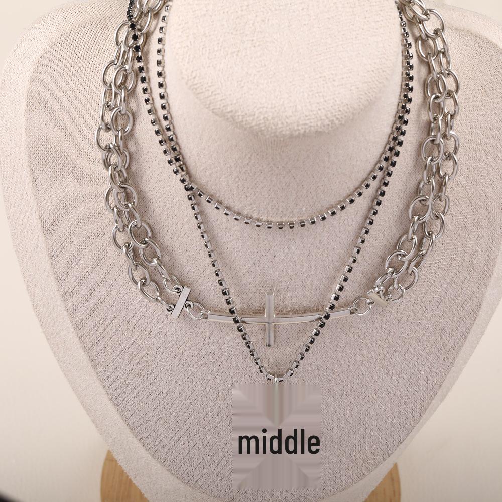 Trendy Punk Double Layered Dark Zircon Necklace: European & American Titanium Steel