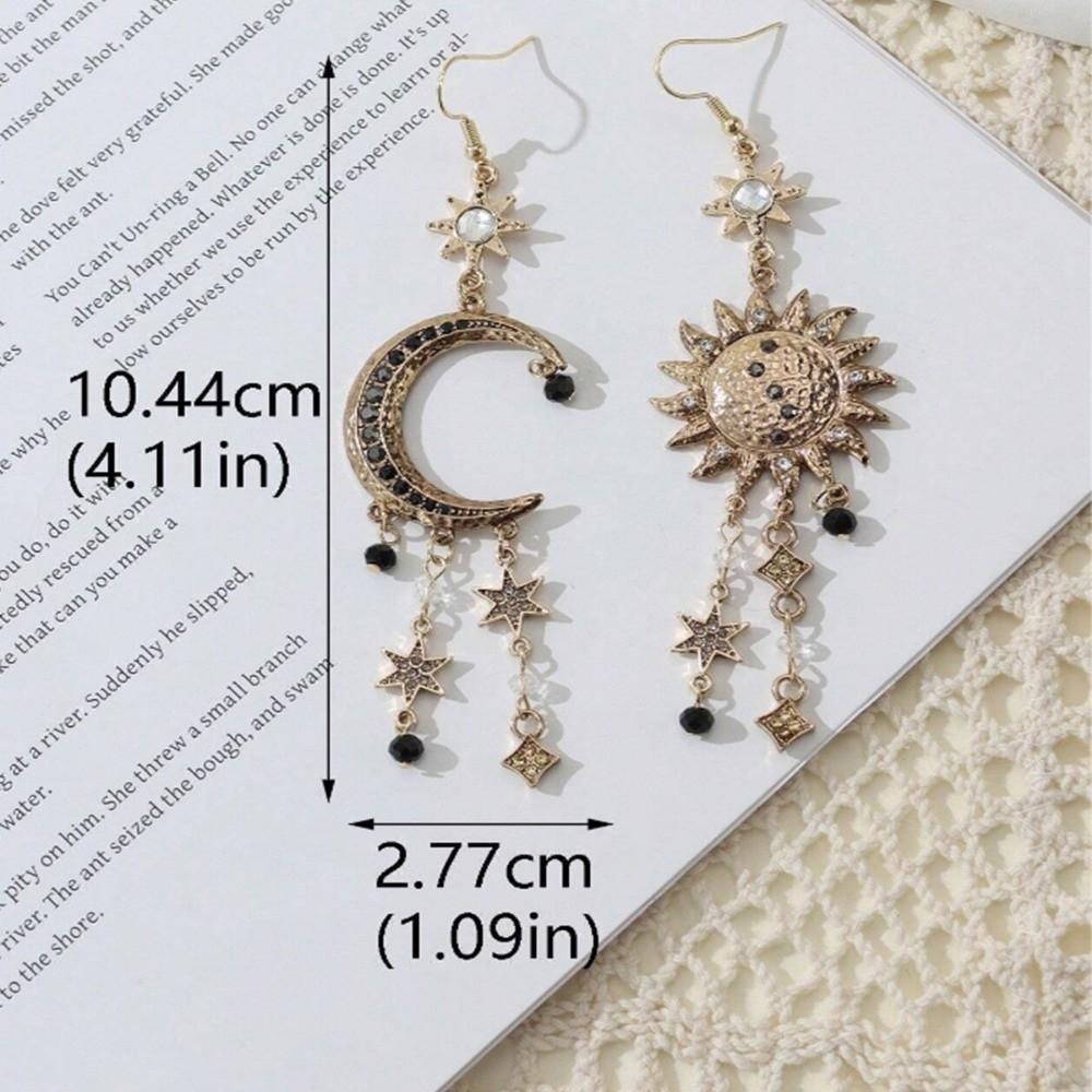Sun Moon Stars Bohemian Dangle Earring Sparkling Rhinestone Metal Asymmetrical Pendant Earrings Long Tassel Tassel Drop Earrings