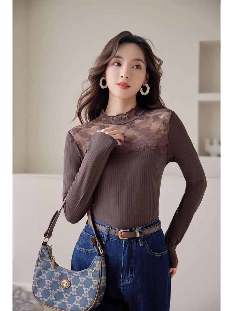 Damen Slim Fit Langarm Mesh-Spitzenoberteil - Aushöhlendesign, Frühling/Herbst Vielseitiger Socialite-Stil