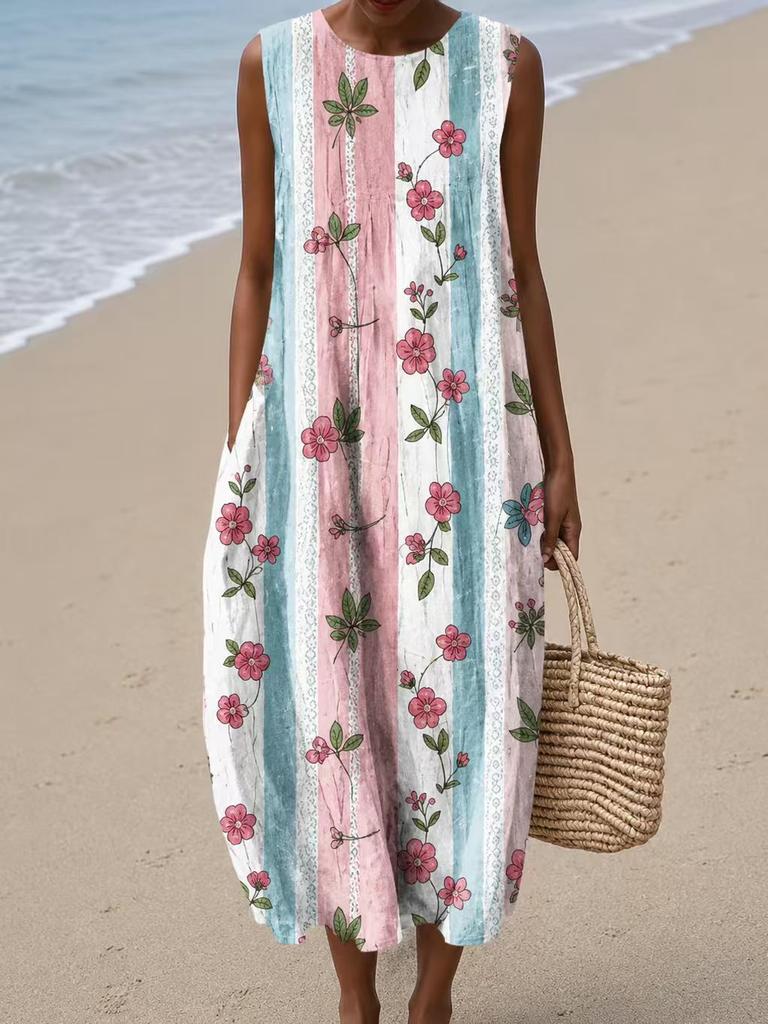 Sleeveless dress 26 new shrink pleated large version loose casual round neck digital printing - bamboo hemp