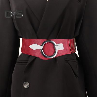 Wide Elastic Belt Women Versatile Solid Color Stretchy Dress Belt Faux Leather Alloy Buckle Waistband