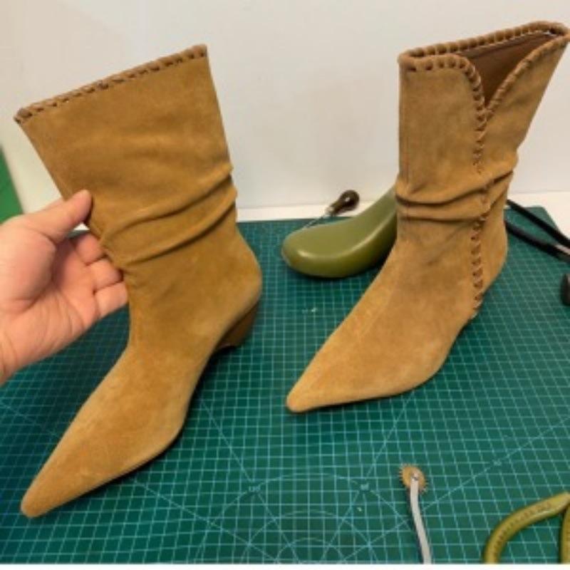 

Нишевые женские ботильоны ручной работы с плиссированным голенищем на шнуровке, новинка осени и зимы 2025, короткие ботильоны с острым носком на высоком каблуке, ковбойские сапоги-рыцари в западном стиле 39 хаки