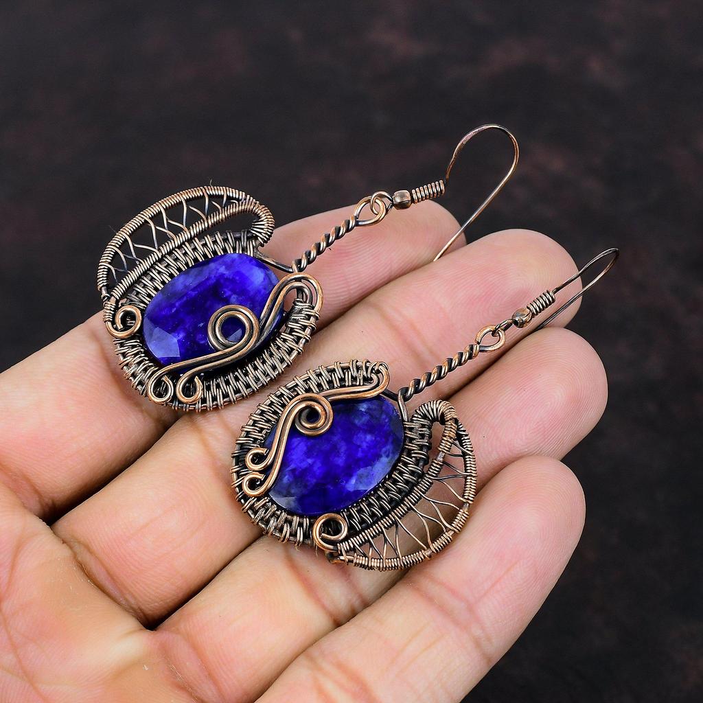 Faceted Blue Sapphire Earring Copper Wire Wrapped Earring Very Pretty Gemstone Earrings Copper Wire Jewelry Handmade Earring Gift For Mother