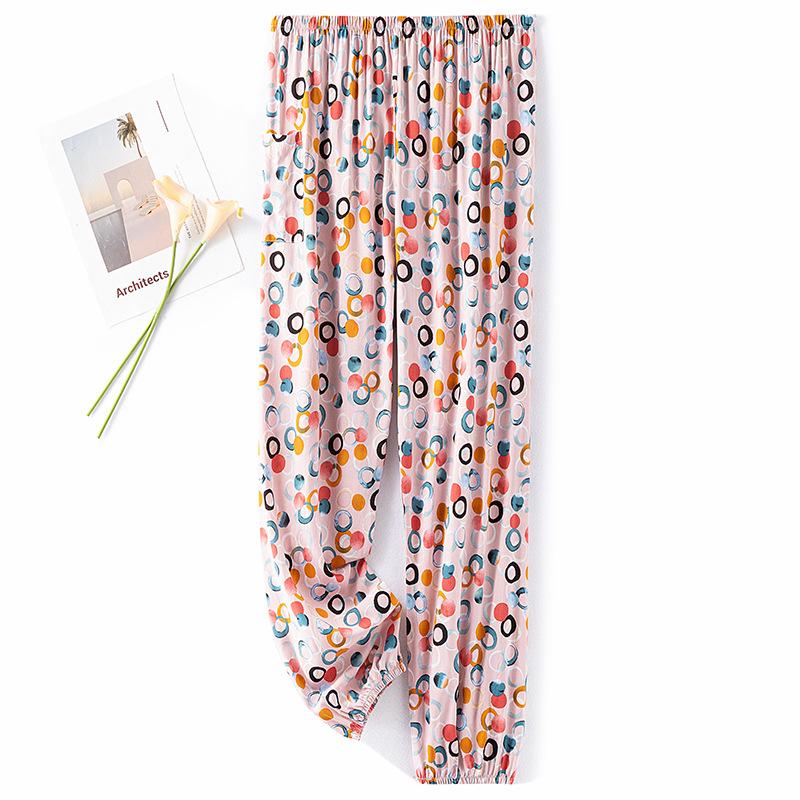 Pantaloni de pijama din bumbac mătase pentru femei, secțiune subțire de vară, anti-țânțari, pantaloni cu picior lat, culoare uni, pentru exterior, casă, petrecere a timpului liber, imprimeu, pantaloni de plajă până la genunchi
