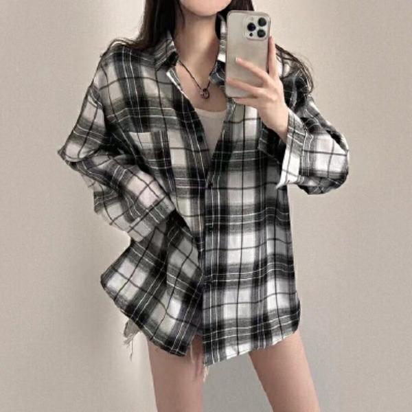 Korean Style Women's Plaid Shirt Top Plaid Shirt Loose and Versatile Thin Shirt Jacket