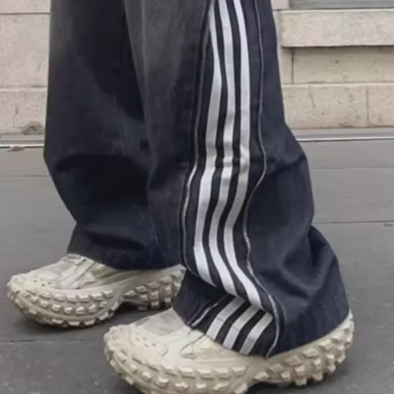 Pánské černé pruhované retro džíny s rovnými nohavicemi - Jarní/podzimní móda