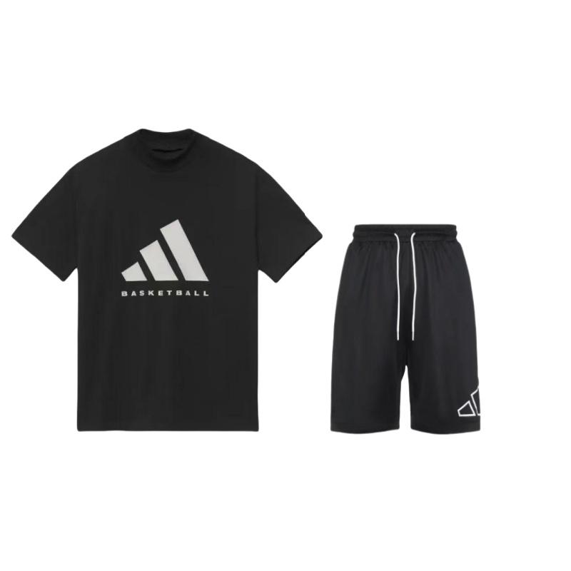 

Adidas American Vintage Logo Print Knit Loose Fit Crew Neck Short Sleeve Shorts Casual Sports Set Men sets Black IR8492+GT3018 S